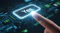 Yes Button Confirmation - Finger presses glowing Yes button, symbolizing approval, confirmation, agreement, technology Royalty Free Stock Photo