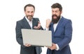 Yes we can. Happy businessmen work online. Bearded men use computer. Online marketing. Run business online. Access to Royalty Free Stock Photo