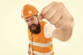 Yes we can. Man engineer protective uniform white background. Bearded brutal hipster safety engineer. Engineering career