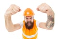 Yes we can. Man engineer protective uniform white background. Engineering career concept. Architect builder engineer