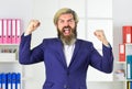 Yes I can. Lucky man. Entrepreneur in modern office. Successful bearded ceo. Business success. Making great decisions Royalty Free Stock Photo