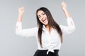 Yes, i win. Happiness optimistic businesswoman rejoicing victory isolated on grey background Royalty Free Stock Photo