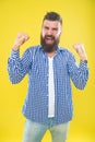 Yes. Mature happy man celebrate success. Summer hipster. Brutal bearded hipster in checkered shirt. Emotional man with Royalty Free Stock Photo