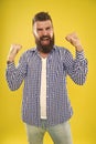 Yes. Mature happy man celebrate success. Summer hipster. Brutal bearded hipster in checkered shirt. Emotional man with Royalty Free Stock Photo