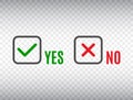 YES Or NO Accept And Decline Symbol. Check Marks Set On Transparent Background. Cancel Decline. Green Tick And Red Cross In Square