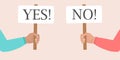 Yes no banner. Flat vector illustration. Human hands are holding posters with inscription Yes and No. The right to vote, choice, Royalty Free Stock Photo
