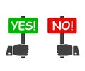 Yes and No banner in human hand. Choice hesitate, dispute, opposition, choice, debate - vector Royalty Free Stock Photo