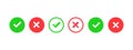 yes and no buttons. Green check mark and red cross icon. Set of simple icons in flat style: Approved Disapproved, Accepted Rejecte