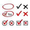 Yes no check box list marker ticks, felt tip pen highlight vector, handwritten x close cross, ok doodle poll vote