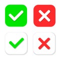 Yes or No icons. Green check mark and red cross icon isolated on