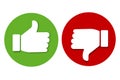 Yes and no icons, like and dislike. Green and red badge of approval and hostility. Thumb up and down