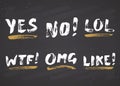 YES, NO, LIKE, LOL, OMG and WTF lettering handwritten signs set, Hand drawn grunge calligraphic text. Vector illustration on chalk Royalty Free Stock Photo