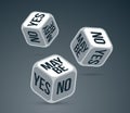 Yes or no or maybe dice rolling chance vector illustration, make a decision and say concept.