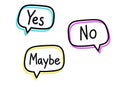Yes no maybe. Handwritten lettering illustration. Black vector text in blue, yellow and pink neon speech bubbles.