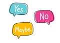 Yes no maybe. Handwritten lettering illustration. Black vector text in blue, yellow and pink neon speech bubbles.