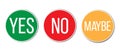 YES, NO, MAYBE red green yellow left right word text on circular vote round buttons signs for poll or evaluation Royalty Free Stock Photo