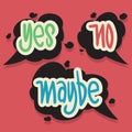 Yes No Maybe Speech Bubbles Hand Drawn Lettering Typographic Vector Design