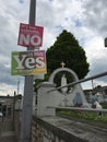 Yes and No posters for the 25th of May referendum regarding the issue of abortion, near the Fatima and the three little shepherds