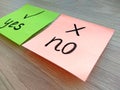 Yes or no question message on sticky notes with focus on no on wooden background. Rejection and failure concept