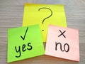 Yes or no question message on sticky notes on wooden table background. Problem solving and choice concept