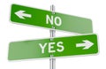 Yes and No road signs with arrows, decision making concept. 3D rendering Royalty Free Stock Photo