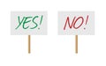 Yes and No sign banners on wood stick collection. Vector protest signs with Yes and No words isolated on white background. Royalty Free Stock Photo
