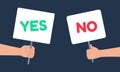 Yes and no signs banner in human hand. People having choice, hesitate to answer, dispute, opposition Royalty Free Stock Photo