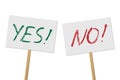 Yes and No signs banners on wood stick collection. Vector protest signs with Yes and No words isolated on white Royalty Free Stock Photo