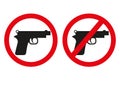 Yes or no to gun control. Sign with both handgun allowed and banned. Symbolic icon design includes automatic pistol with circle wi