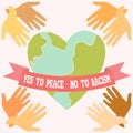 Yes to Peace, No to Racism poster. Heart shaped peaceful planet Earth and hands of different colours