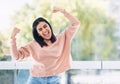 Yes, winner and Indian woman with winning, success and bonus arms or fist pump for excited news. Celebration, freedom Royalty Free Stock Photo