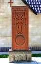 Red khachkar closeup