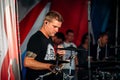 Yessentuki, Stavropol Territory / Russia - August 12, 2017 : drummer Craig Blundell. musician on stage playing drumsticks on drums