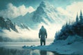 Yeti or Abominable Snowman in snow covered mountain landscape. Generative AI. Royalty Free Stock Photo