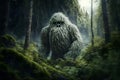 Yeti or abominable snowman walks through winter forest area. Neural network generated art