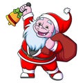 The yeti dwarf with the santa claus costume is ringing christmas bell and bringing the gift for the children