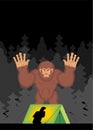 Yeti in forest scares man in tent. Bigfoot and tourist Royalty Free Stock Photo