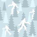 Yeti in forest Winter military pattern. white Bigfoot clothing texture. Blue Army background. sasquatch Protective soldier