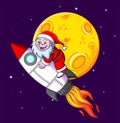 The yeti with the santa claus costume is flying until the moon with the turbo rocket Royalty Free Stock Photo