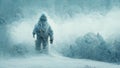 Yeti in the snow covered Himalaya mountains, mysterious furry creature walking in the frozen nature, Illustration