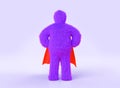 Yeti in superhero costume with red cape 3d render. Bigfoot cartoon character standing in manly pose. Hairy strong