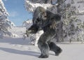 Yeti winter in the forest 3d illustration