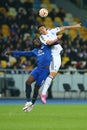 Yevhen Khacheridi and Romelu Lukaku fighting for ball in air, UEFA Europa League Round of 16 second leg match between Dynamo and Royalty Free Stock Photo