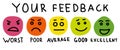 Cute feedback emotion icons. Colorful emotions signs, cartoon emotional faces for communication and support satisfaction concepts