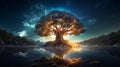 Yggdrasil The Glowing Tree of Life. olorful Sacred World Tree Of Norse Mythology. Generative AI