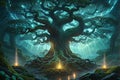 mythic realms with Yggdrasil, illuminated from within, its branches sprawling across the Norse cosmos