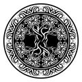 Yggdrasil, viking tree of life, in ornamental tribal round frame