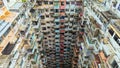 Yick Cheong and Yick Fat old apartment house exterior architecture in Hong Kong city, drone aerial view Royalty Free Stock Photo