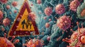Yield Sign Surrounded by Microscopic Spleen Cells and B-Complex Vitamins