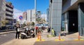 Yigal Alon street in Gush Dan. Downtown view from the parking of bicycles, bikes and rental electric scooters. Non stop Tel Aviv